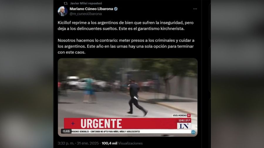 Tweet Mariano Cúneo Libarona sobre inseguridad Moreno