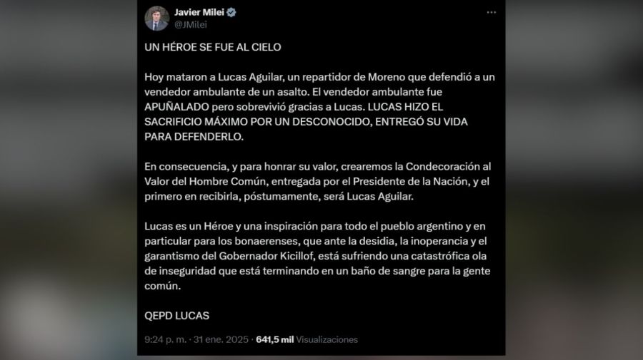 Tweet Milei sobre Lucas Aguilar