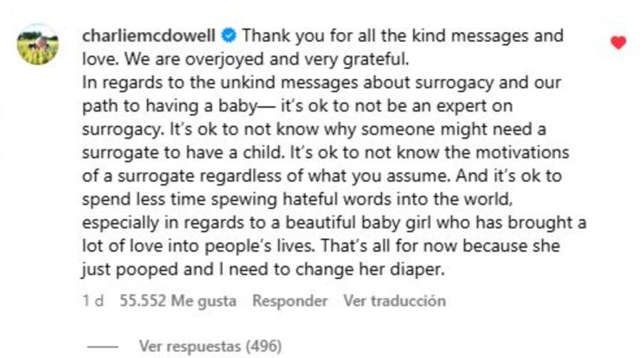 Respuesta de Charlie McDowell a las críticas por su hija de vientre subrogado