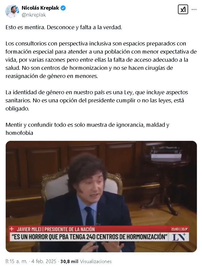 Tuit de Nicolás Kreplak negando la existencia de centros de hormonización de PBA