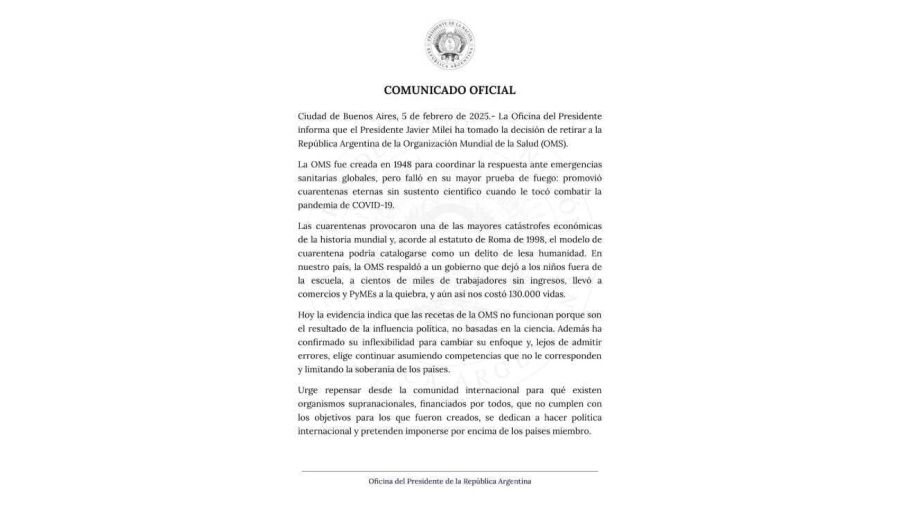 Comunicado retiro de Argentina de la OMS