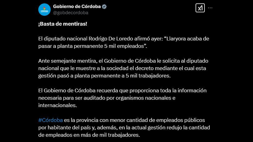 Respuesta del gobierno a la cantidad de Empleados de Córdoba