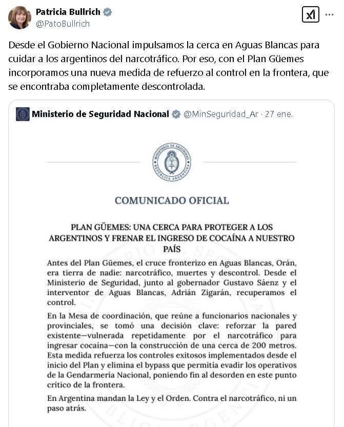 Tuit de Patricia Bullrich sobre el alambrado en la frontera con Bolivia