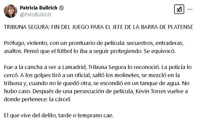 Tuit Patricia Bullrich por la detención de Kevin Torres, de la barrabrava de Platense