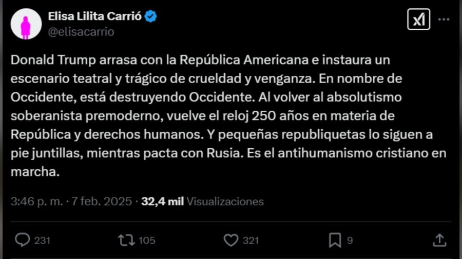 Tweet Lilita contra Milei y Trump