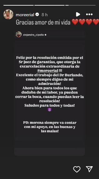 "Gracias amor de mi vida", el mensaje de Morena Rial al conocer que quedará en libertad 