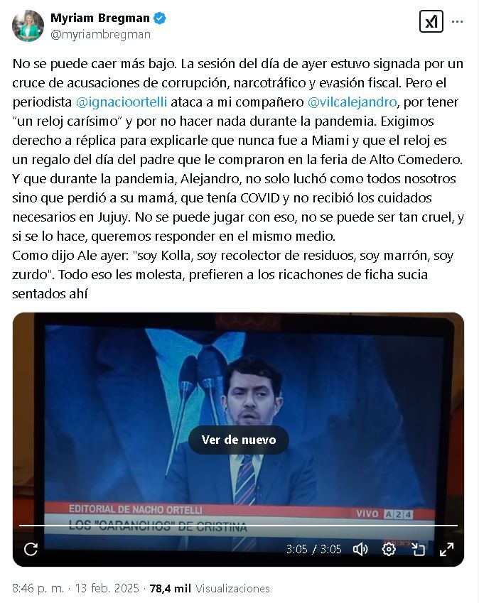 Tuit Myriam Bregman contra Ignacio Ortelli