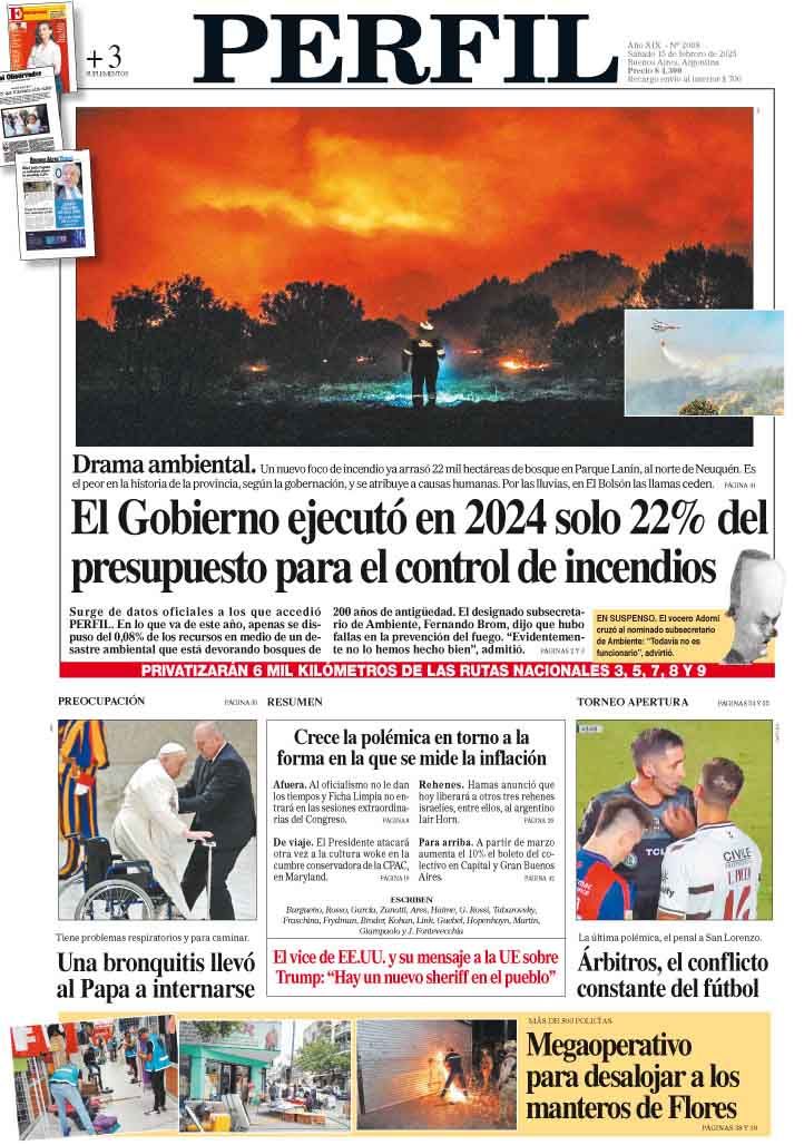 La tapa del Diario PERFIL de este sábado 15 de febrero de 2025