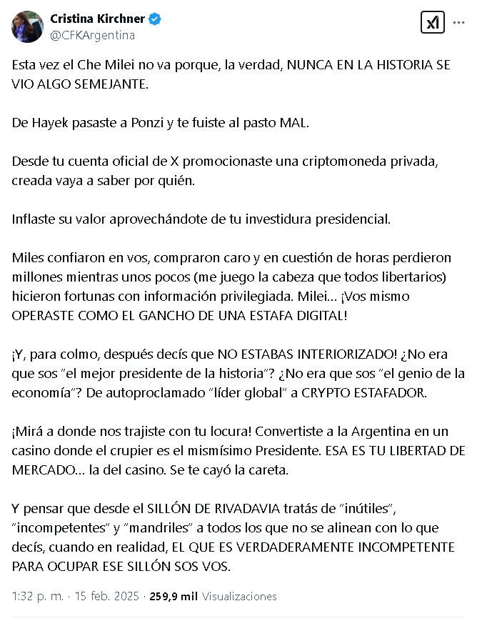 Tuit CFK por el escándalo de la cripto $LIBRA