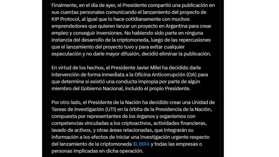 El comunicado de Oficina del Presidente, sobre la escandalosa estafa cripto de $LIBRA.