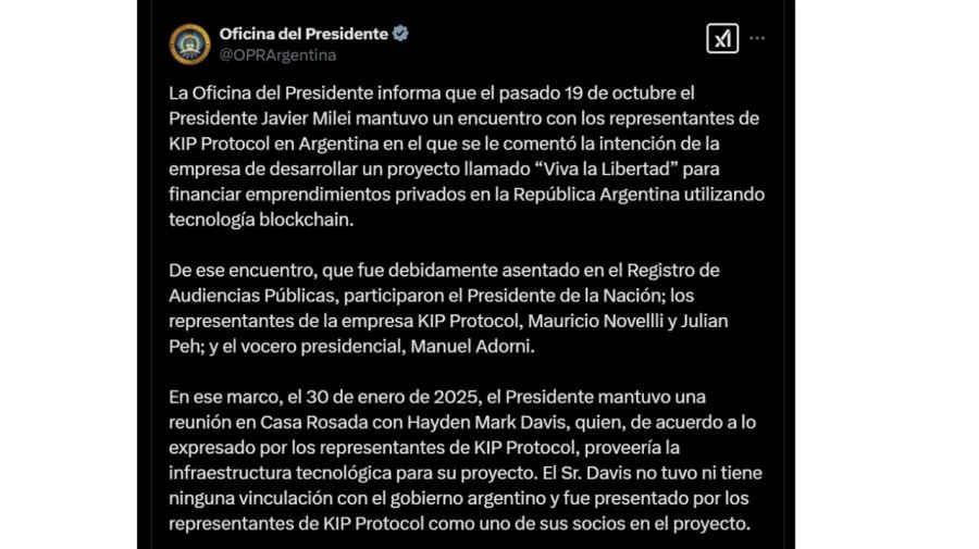 El comunicado de Oficina del Presidente, sobre la escandalosa estafa cripto de $LIBRA.