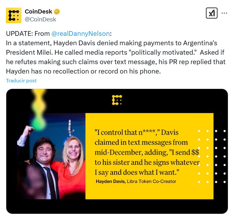 20250218 En un comunicado, Hayden Davis negó haber realizado pagos a Karina Milei