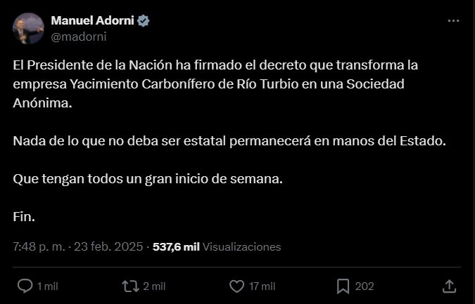 Milei decretó la transformación del Yacimiento Carbonífero de Río Turbio en una Sociedad Anónima 20250223