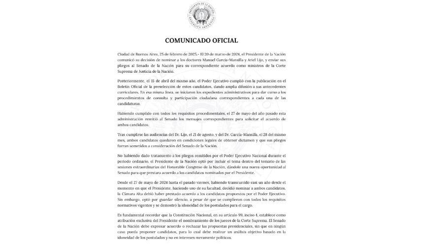 20250225 Javier Milei designó por decreto a Ariel Lijo y Manuel García Mansilla para la Corte Suprema