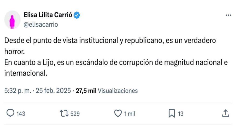 Juan Manuel López, Elisa Lilita Carrió Tweet 20250225