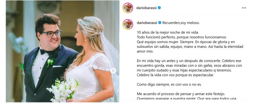 Darío Barassi por el aniversario con su mujer Lucía