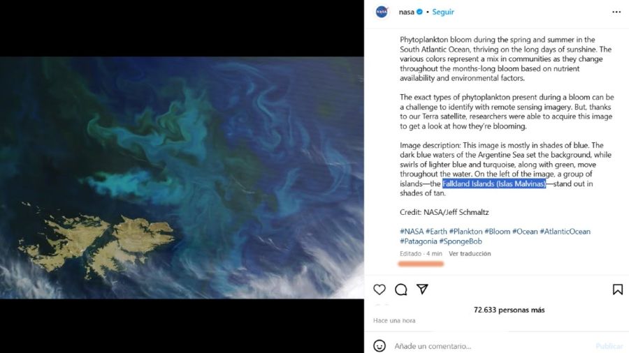 La publicación de la NASA sobre las Islas Malvinas 20250228