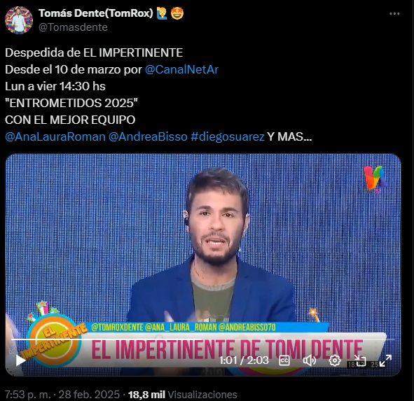 Tomás Dente confirmó que será el conductor de Entrometidos en la Tarde