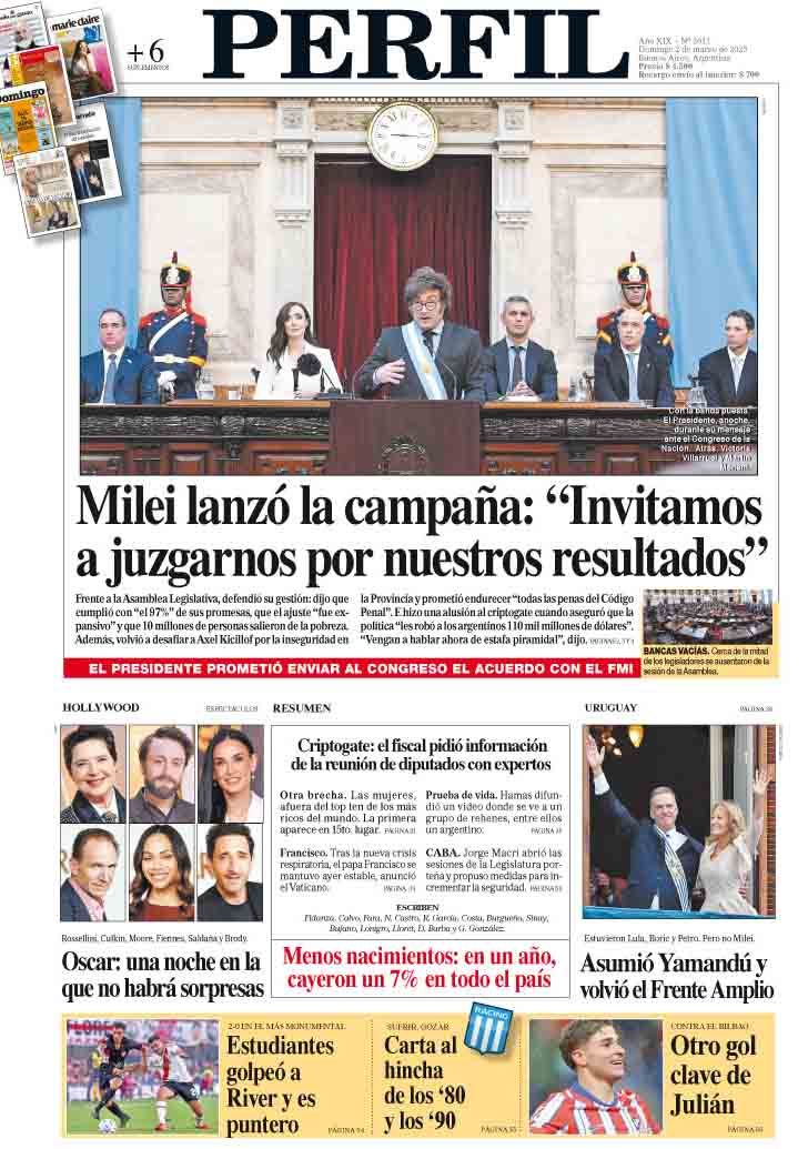 La tapa del Diario PERFIL del domingo 2 de marzo de 2025