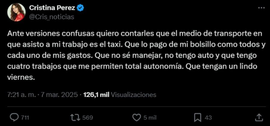 El tuit de Cristina Pérez tras los dichos de Feinmann 20250307