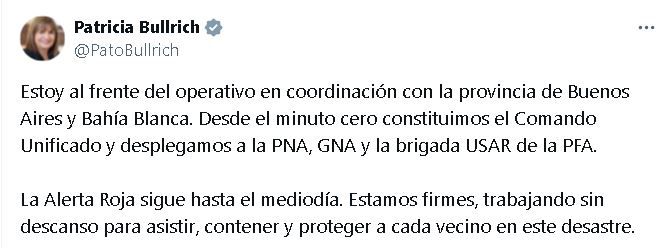 Tuit Patricia Bullrich sobre la emeergencia meteorológica en Bahía Blanca