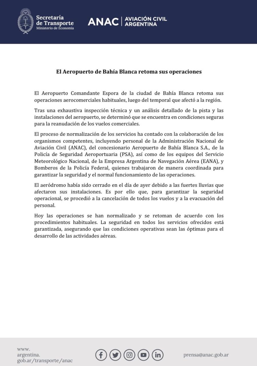 Comunicado de la ANAC informando que ya está operativo el aeropuerto de Bahía Blanca