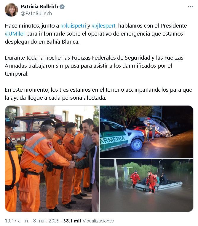 Tuit Patricia Bullrich informando que se comunicó con Javier Milei