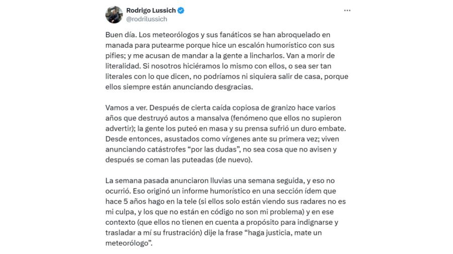 El descargo de Rodrigo Lussich contra los meteorólogos