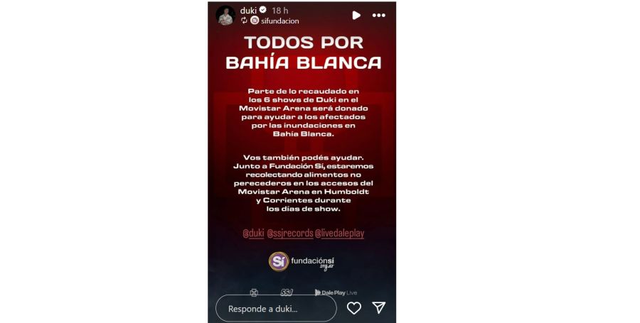 Duki donará dinero a Bahía Blanca