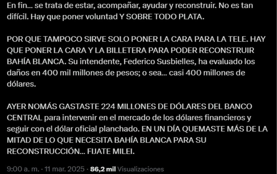 Tuit de Cristina Kirchner contra Milei por Bahía Blanca 20250311