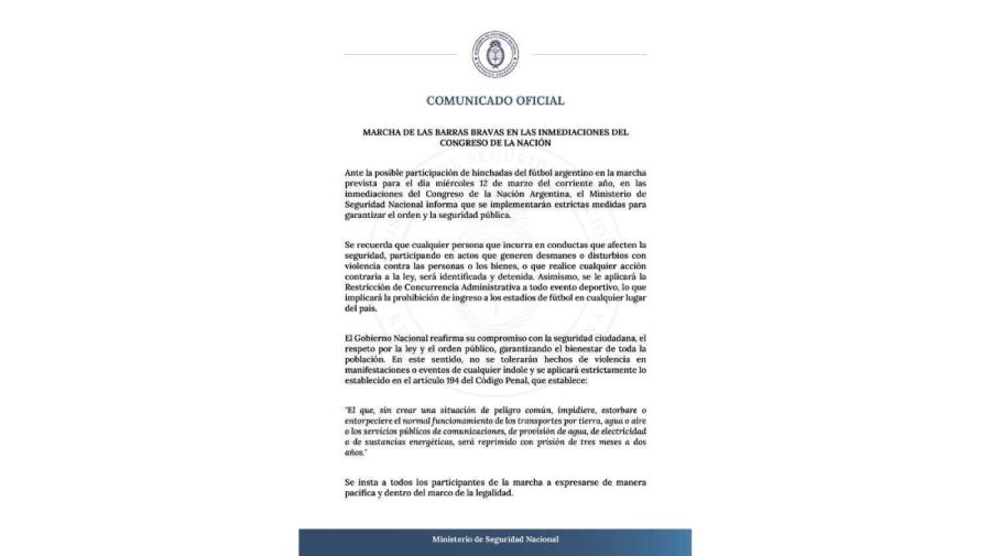 Comunicado del Ministerio de Seguridad