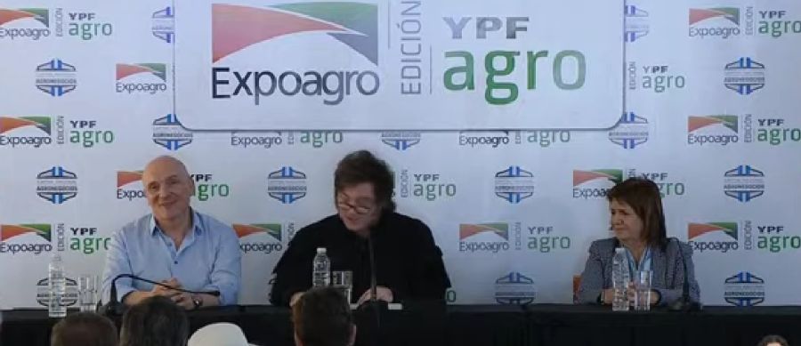 Javier Milei en Expoagro 2025 con Patricia Bullrich y José Luis Espert.