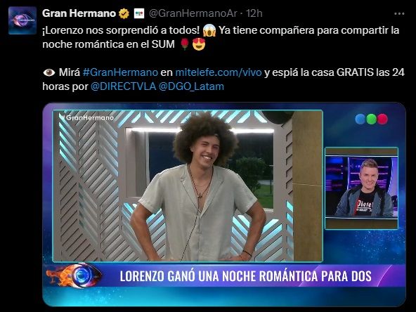 Lorenzo ganó una noche romántica con Martina tras ganar la trivia de preguntas en Gran Hermano