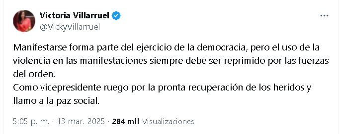 Tuit Victoria Villarruel llamando a la paz social