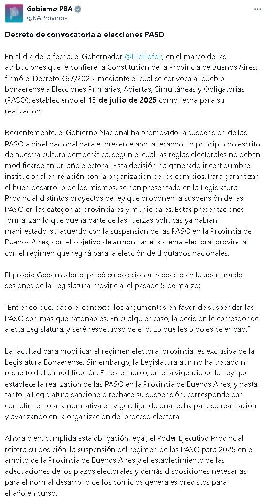 Comunicado PBA decreto con fecha de las PASO 2025