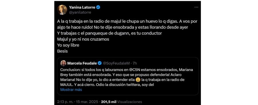 Cruce entre Yanina Latorre y Marcela Feudale