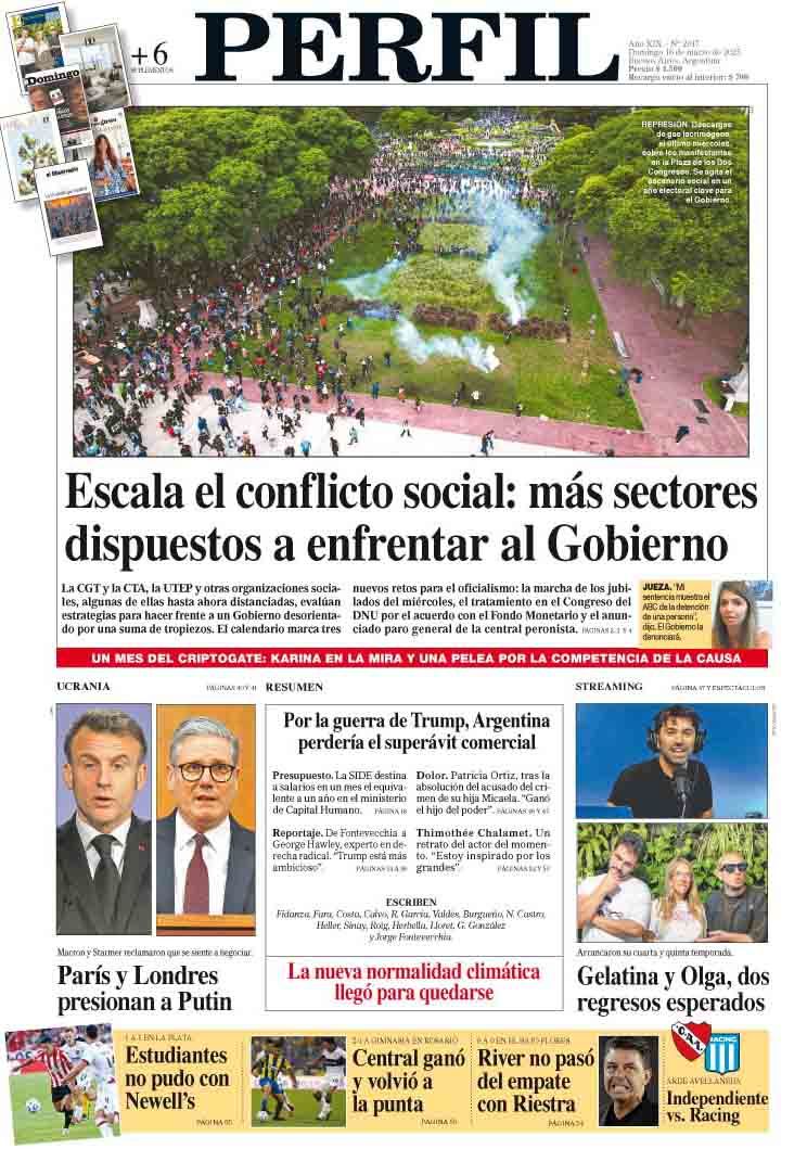 La tapa del Diario PERFIL del domingo 16 de marzo de 2025