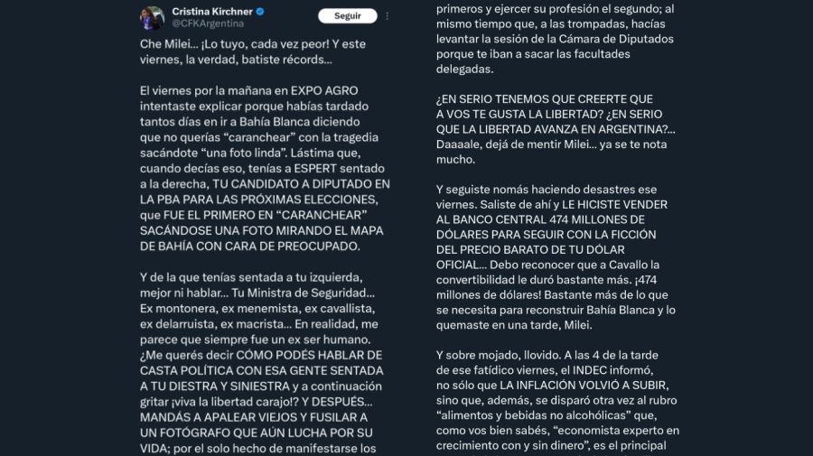 Tweet de Cristina Kirchner