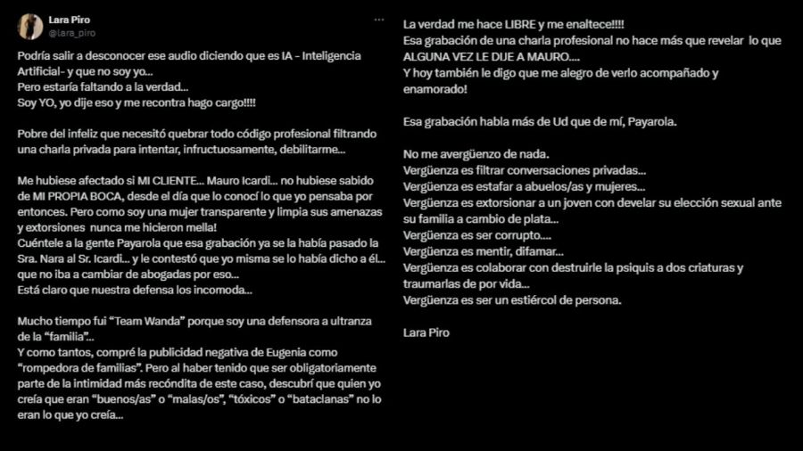 El furioso descargo de Lara Piro, exabogada de Mauro Icardi, sobre la filtración de su audio en el que destrozó a la China Suárez