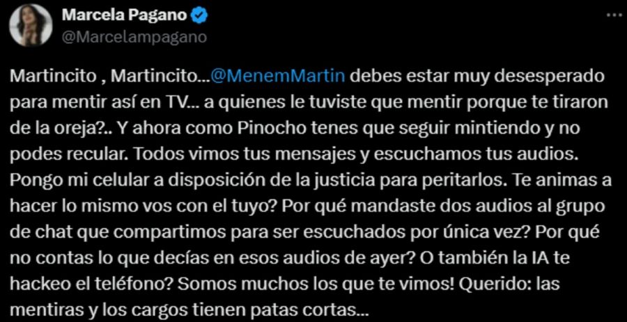 Tuit de Marcela Pagano contra Martin Menem 20250321