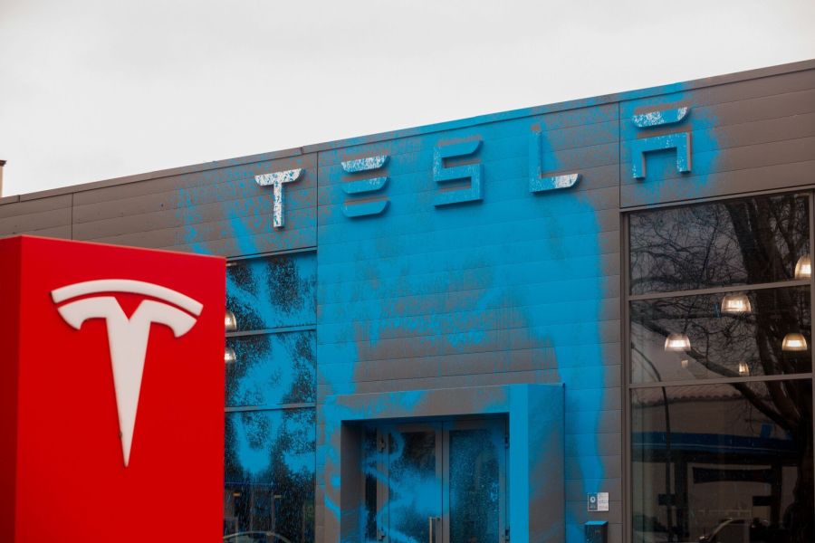 A vandalized Tesla dealership in Berlin.