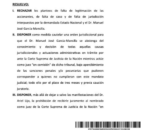 El fallo de Ramos Padilla ordenando que García Mansilla deje de firmar sentencias en la Corte.
