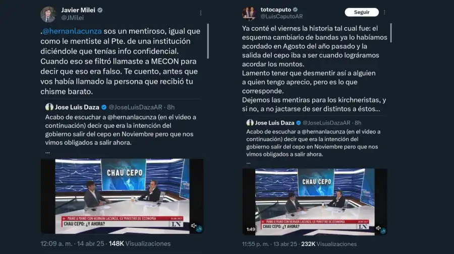 Tweets de Javier Milei y Luis Caputo