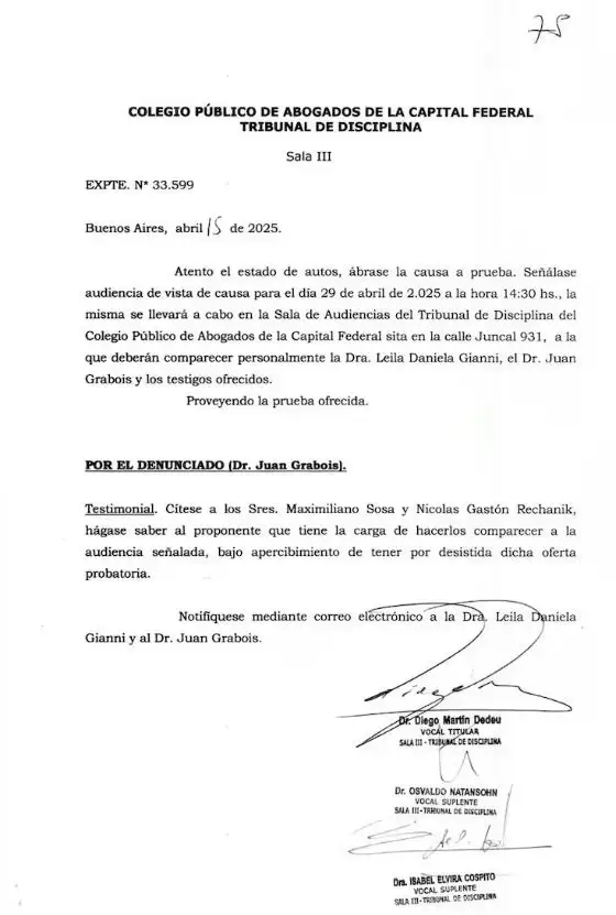 Citación del Colegio Público de Abogados a Leila Gianni y Juan Grabois