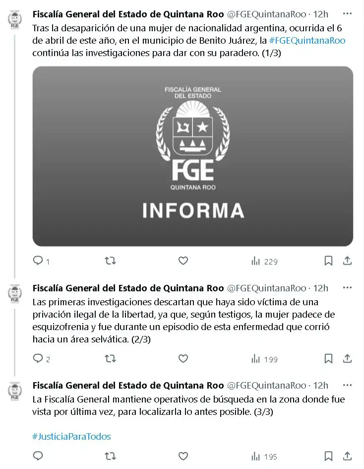 Tuit Fiscalía General del Estado de Quintana Roo por la desaparición de María Belén Zerda