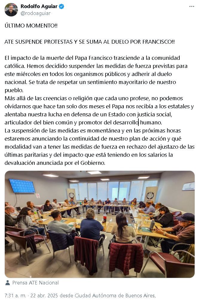 Tuit Rodolfo Aguiar por la muerte del Papa