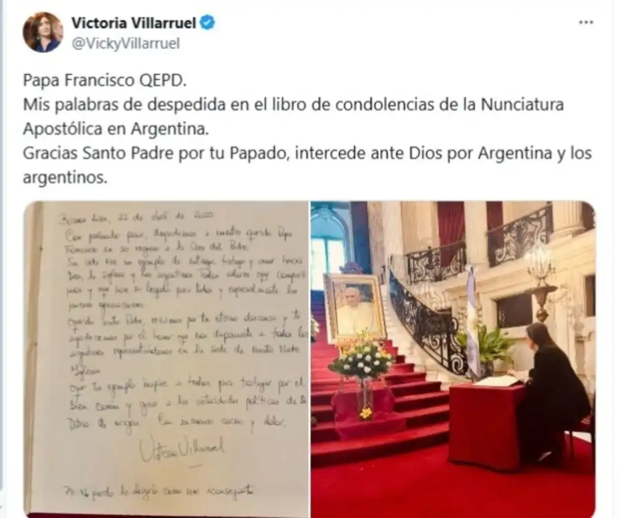 Posteo de Victoria Villarruel despidiendo al Papa Francisco
