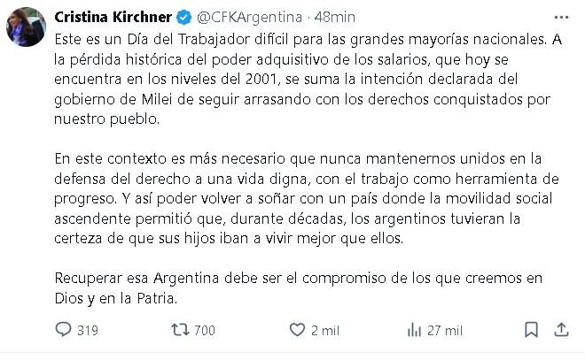 Tuit CFK Día del Trabajador