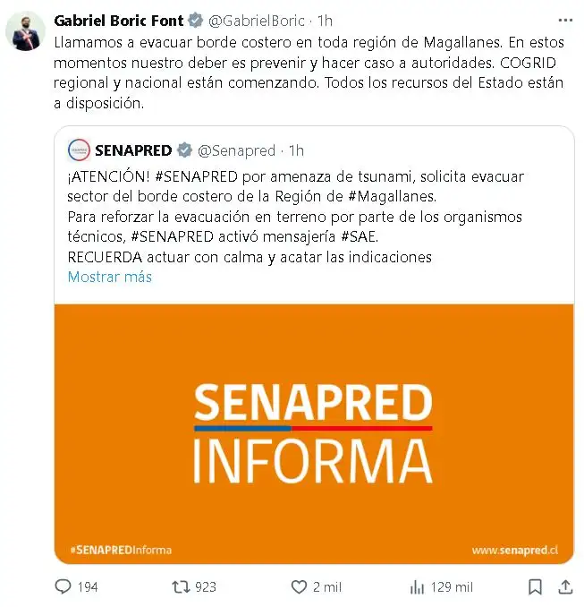 Tuit Gabriel Boric alerta de tsunami