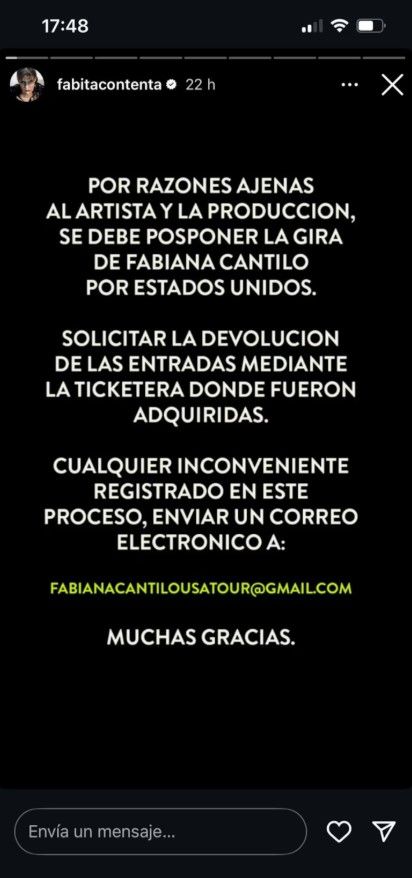 Comunicado de Fabiana Cantilo